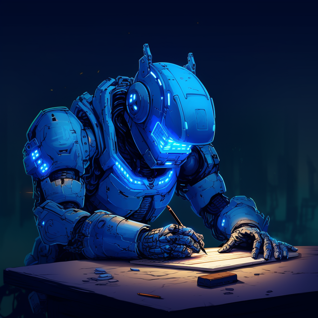 Um robô azul escrevendo em um papel